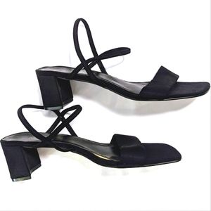 Madeline Ruby Black Satin Strappy Square Toe Block Heel Sandals Size 11M